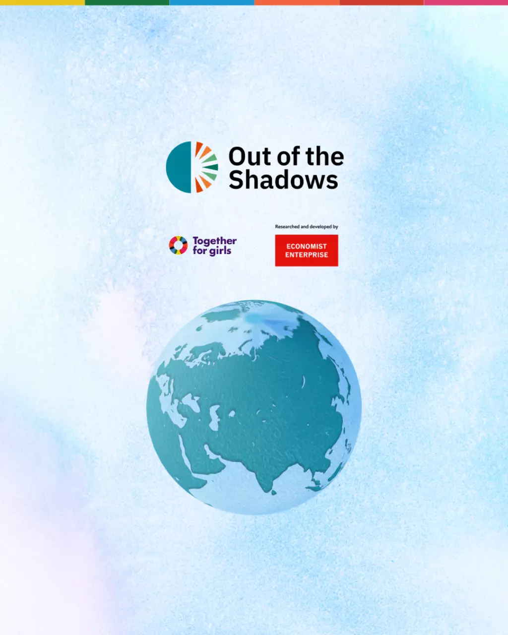 The Out of the Shadows Index logo above a globe, with the Together for Girls and The Economist Enterprise logo underneath, set against a watercolor background.