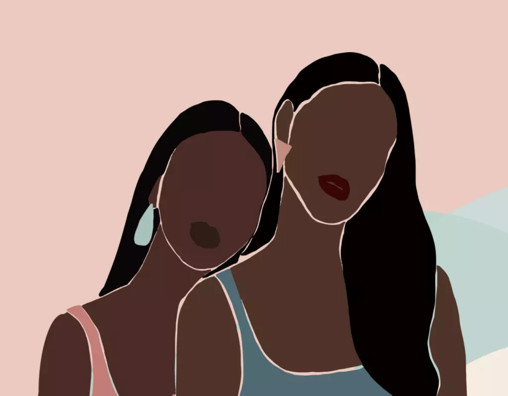 Two figures with long dark hair, one wearing a blue top, the other in pink. Minimal, abstract shapes with muted colors form their facial features and bodies.
